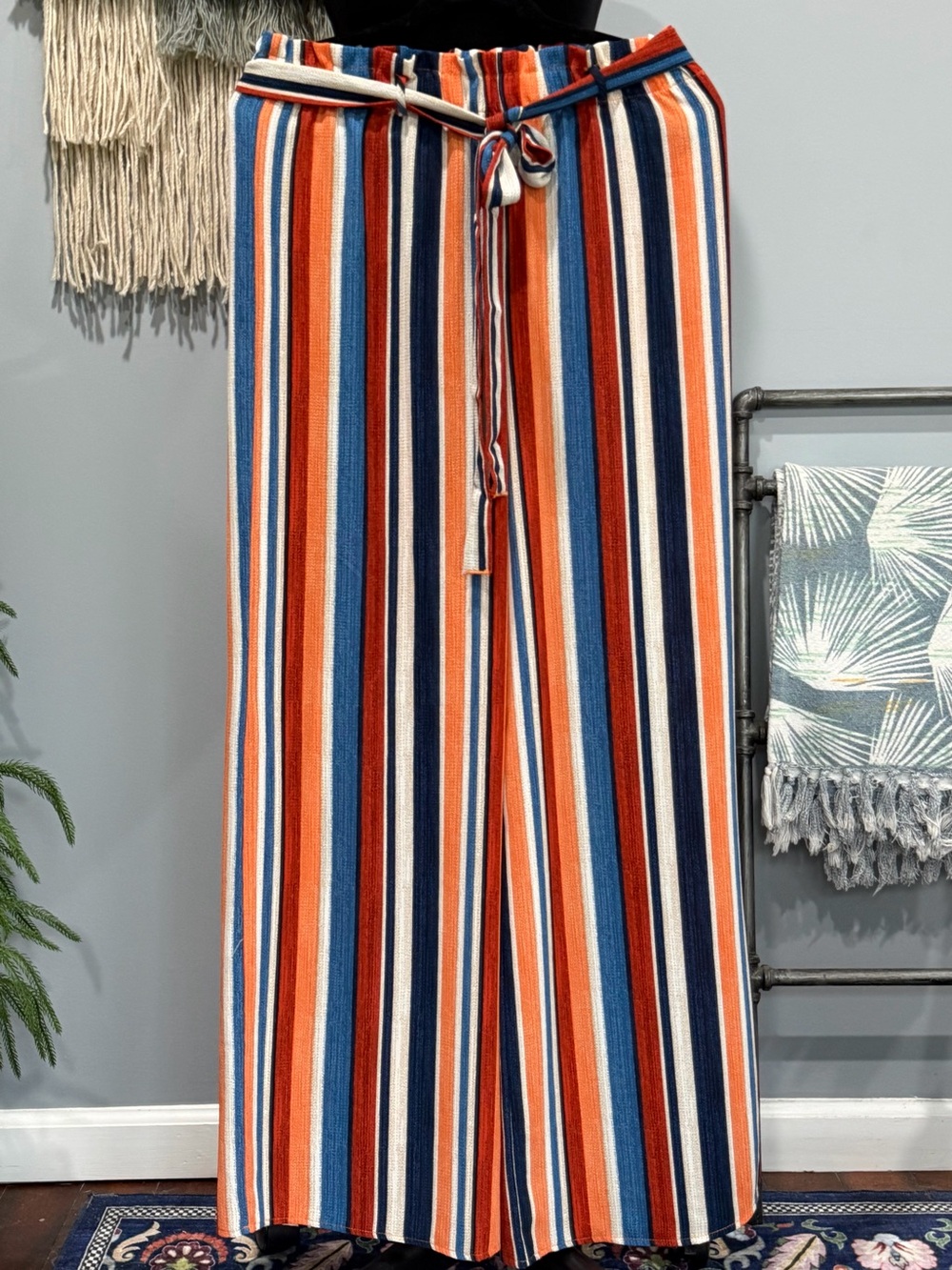 Shop 17 Size M Striped Wide Leg Palazzo Pants High Rise Tie Waist Boho Resort